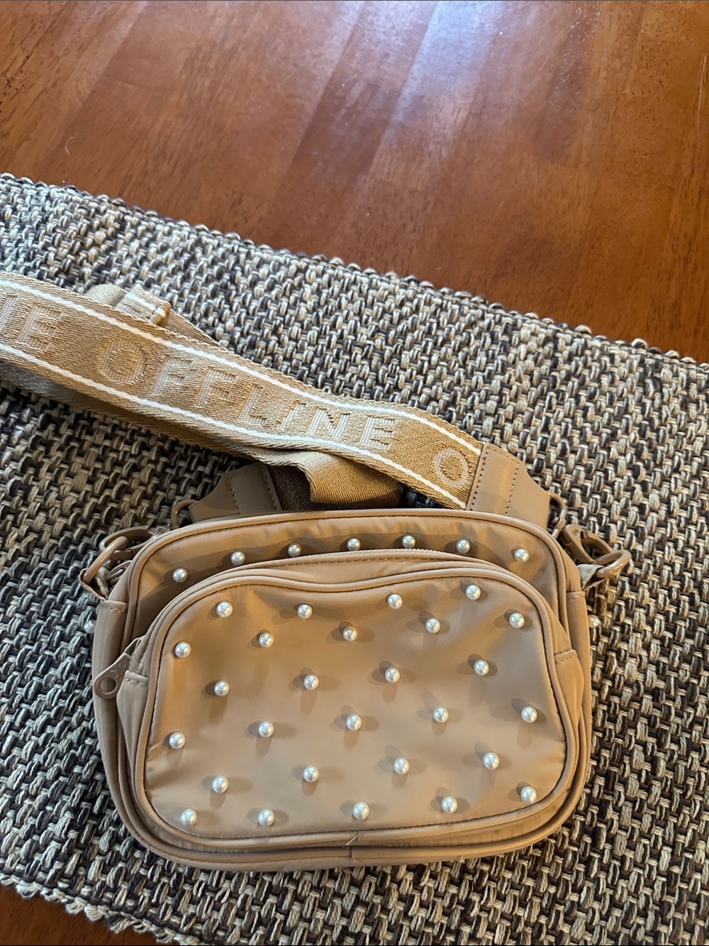 Pearl-Embellished Beige Crossbody Bag with Wide Logo Strap